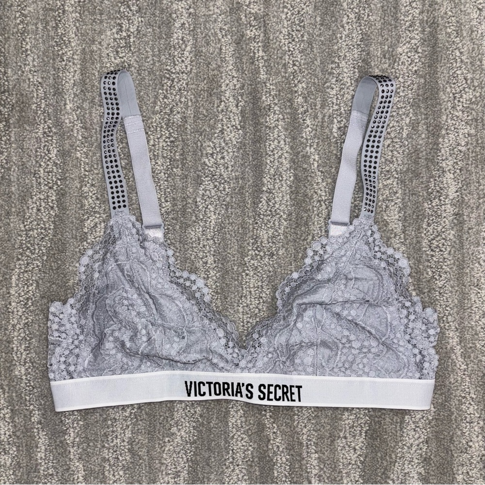 Victoria’s Secret Gray Lace Bralette Bling Straps Lined Logo Women’s Size M